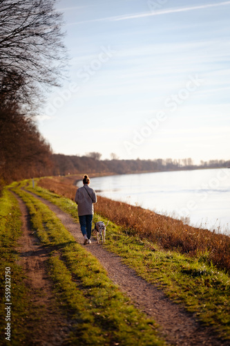 junge Frau geht mit Dalmatiner (Hund) an Fluss (Rhein) spazieren
