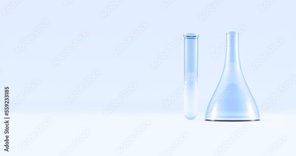 Erlenmeyer Flask. Glass Conical Lab Container with DNS. Blue tones Translucent Liquid Suspension. 3D illustration 