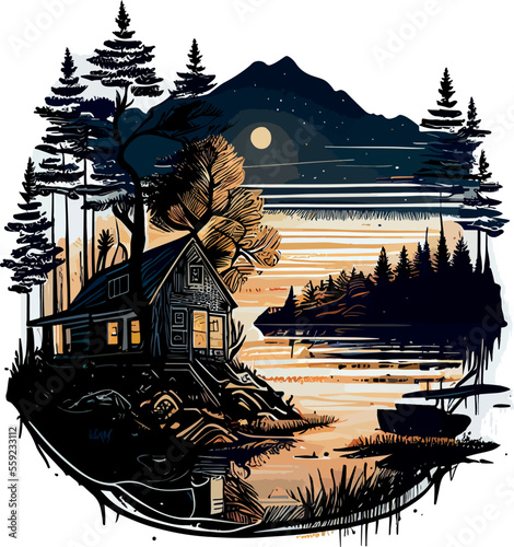 Cabin house in the woods mountains and trees