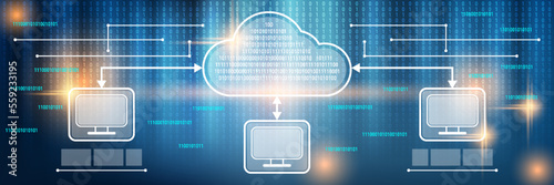 Cloud computing, data processing, network vector concept illustration. Technology style horizontal banner template