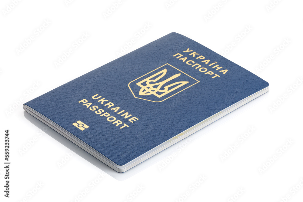 Ukrainian foreign passport, isolated on white background. Inscription in Ukrainian Ukraine Passport. Close-up. Ukrainian foreign passport, isolated on white background. Inscription in Ukrainian Ukraine Passport. Close-up.