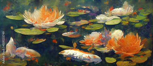 Fotografiet Water lilies with Koi fish.Generative AI