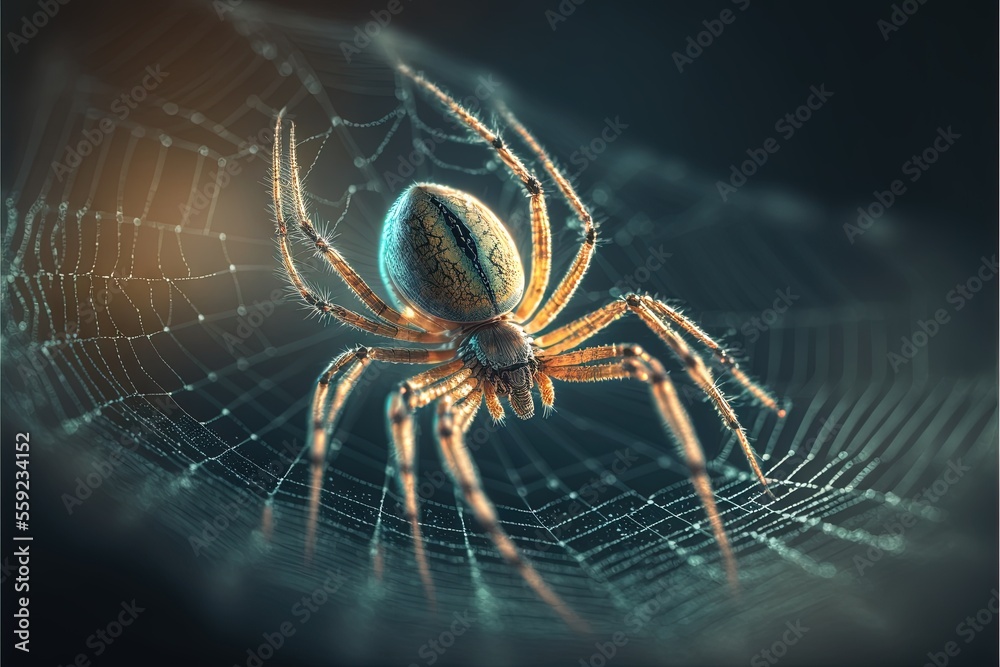 a spider is sitting on a web in the dark night time, with a blurry ...