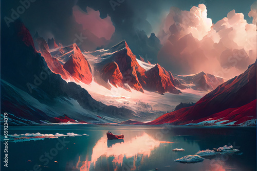 Ethereal landscape river with boat, snowy mountains, soft lighting