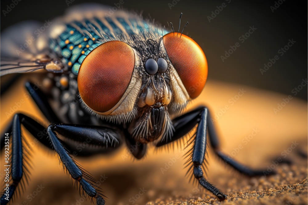 a close up of a fly with orange eyes and a black nose and legs, on a ...