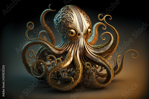 Illustrative desing of a decorative octopus made metal. Gold and sliver jewel. 3D render. Generative AI.  photo