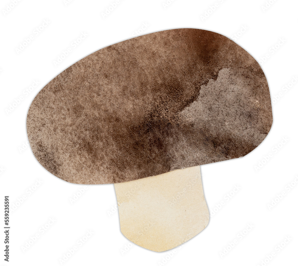 Hand-drawn watercolor papercut brown champignon mushroom. Bright cute kawaii kidcore style illustration, good for farmers market, supermarket products design, stickers or postcards Hand-drawn watercolor papercut brown champignon mushroom. Bright cute kawaii kidcore style illustration, good for farmers market, supermarket products design, stickers or postcards