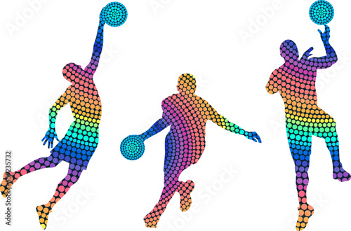 Set of silhouettes of basketball players from colored dots. Isolated vector images