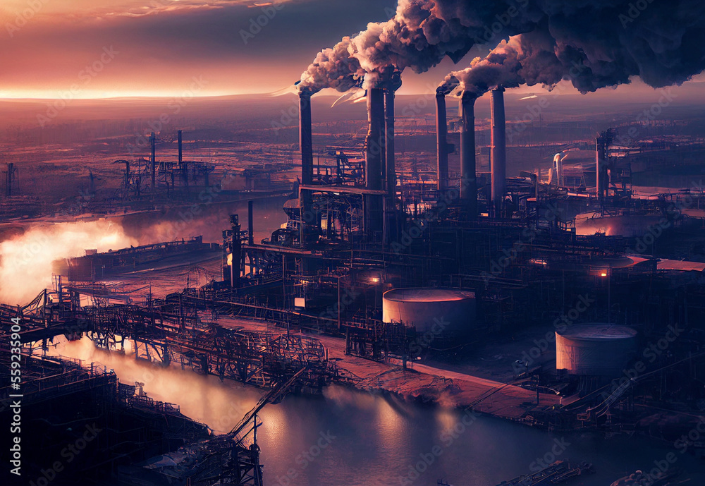 Giant factory with smoke. Large air pollution. Ecological concept..