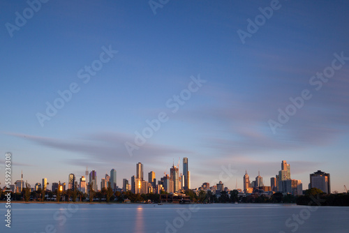 The Melbourne city skyline at sunrise