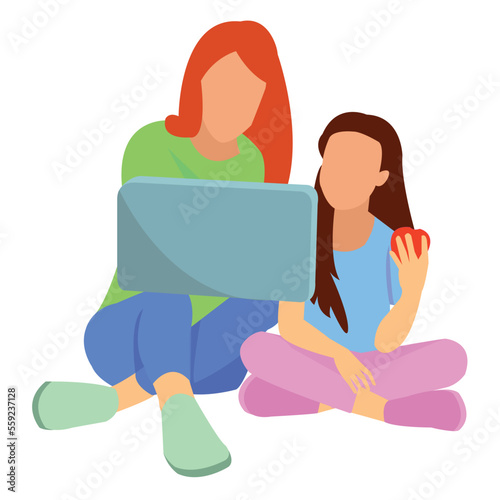 Young mother with child working on the computer from home. Hand drawn style vector design illustrations