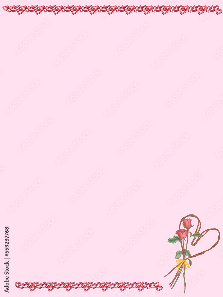 Valentine's card with a frame of hearts and a heart made of rope with some red roses at the bottom on a lilac background Valentine's card with a frame of hearts and a heart made of rope with some red roses at the bottom on a lilac background