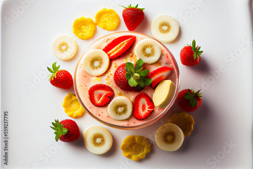 Delicious strawberry banana smoothie in clear glass cup with fresh strawberries and bananas surrounding it on an isolated on white background, top view, bright lighting
