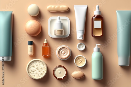 a variety of cosmetics and skin care products arranged on a table top view with a neutral background and a soft pastel color scheme for the skin tone, the skin tone is softest.