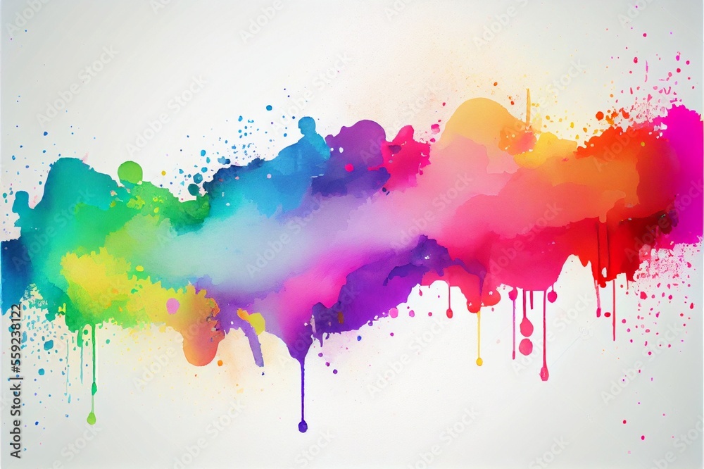 Fototapeta premium An rainbow cloud watercolor on a white background with a mixed paint style featuring vibrant colors such as creative paint gradients, fluid brushstrokes, splashes, spray, and stains. generative ai