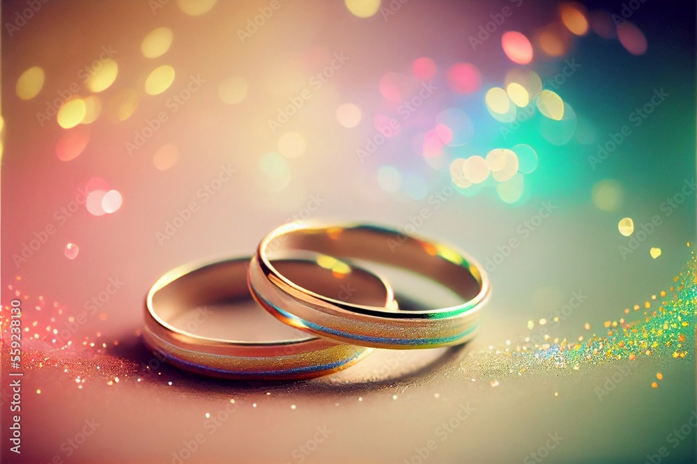A pair of two gold engagement or wedding rings on an abstract rainbow bokeh background of the LGBT LGBTQI flag, concept of celebrating Valentine's Day, Freedom to Marry Day, gay wedding, generative ai A pair of two gold engagement or wedding rings on an abstract rainbow bokeh background of the LGBT LGBTQI flag, concept of celebrating Valentine's Day, Freedom to Marry Day, gay wedding, generative ai