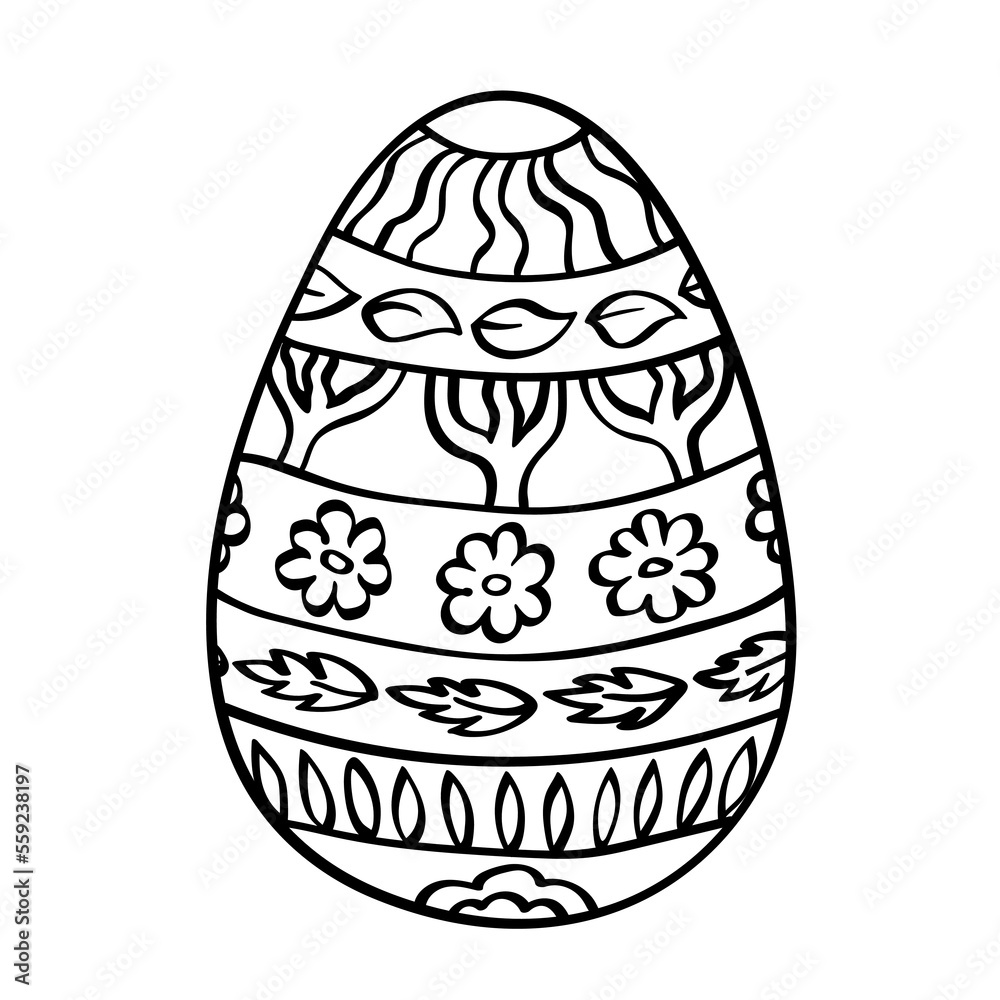 Easter egg with floral pattern isolated on white. Hand drawn black outline sketch in doodle style. Single vector element for spring holiday design, cute baby print, greeting card. Easter egg with floral pattern isolated on white. Hand drawn black outline sketch in doodle style. Single vector element for spring holiday design, cute baby print, greeting card.