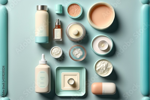 a table with various items for a skin care product on it, including a bottle of lotion, a container of lotion, and a container of lotion and a lotion.