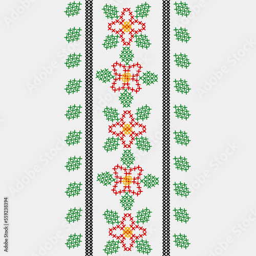 Vector graphic seamless pattern of Ukrainian cross stitch embroidery that includes red flowers, green leaves and black stripes