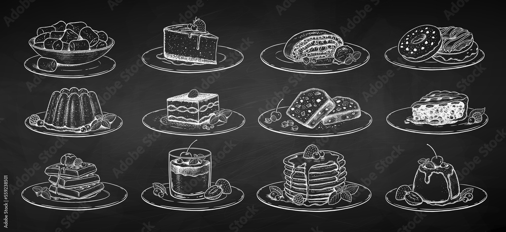 Vector chalk drawn sketchy illustrations set of desserts and sweet food on plates. Vintage style drawing isolated on chalkboard background.