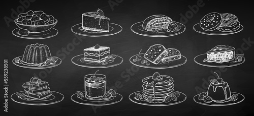 Vector chalk drawn sketchy illustrations set of desserts and sweet food on plates. Vintage style drawing isolated on chalkboard background.