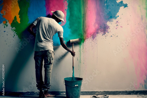 Lustiger Maler streicht eine weiße Wand bunt mit color splash