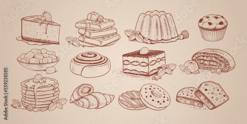 Vector sketchy illustrations set of desserts and sweet food isolated on vintage paper background.