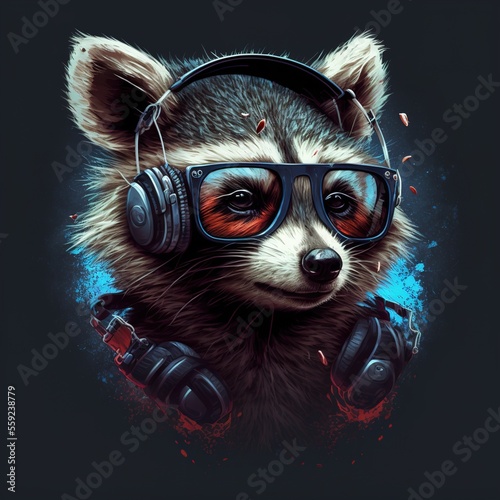 close up of a raccoon with headphone and sunglasses
