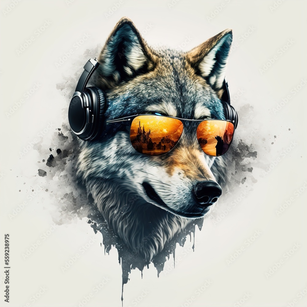 Premium Vector | A wolf with sunglasses on his head.
