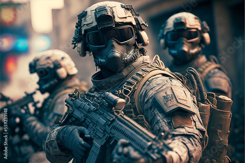 Group of elite special forces soldier equipped with futuristic armor and an assault rifle in a combat zone Fototapet