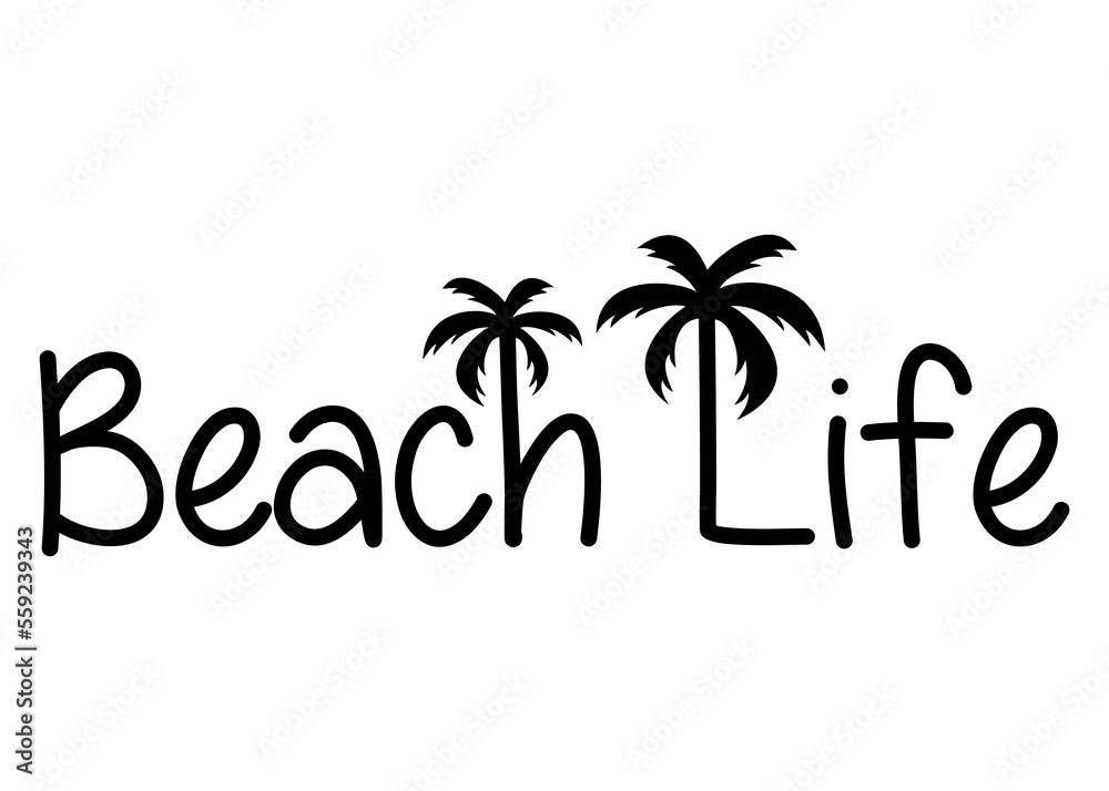 Destino de vacaciones. Banner con texto Beach Life con letra con forma de silueta de palmera