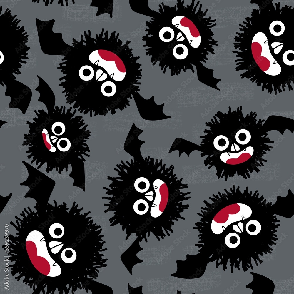 Halloween cartoon animals seamless fluffy bats pattern for wrapping paper and kids clothes print and fabrics