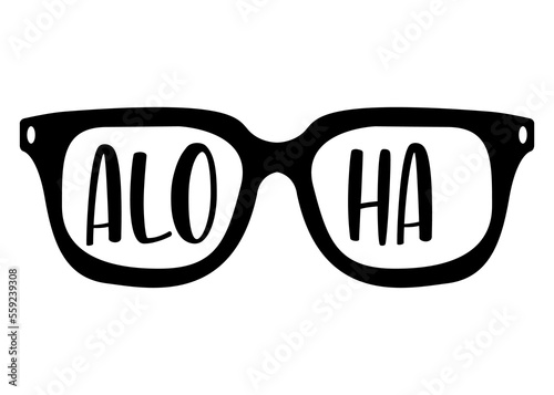 Logo destino de vacaciones. Silueta aislada de gafas de sol con palabra hawaiana Aloha en texto manuscrito photo