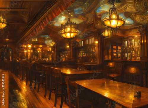 The interior of an old fashioned ornate bar room with luxurious furnishings and lights casting a warm glow on to polished wooden table. generative ai illustration.
