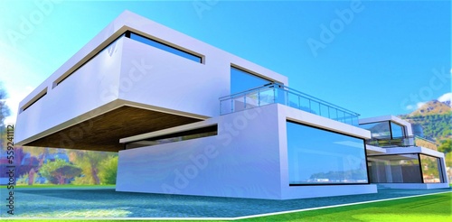 White walls contemporary villa with big windows and fenced terrace on a mountains tropic island. 3d rendering.