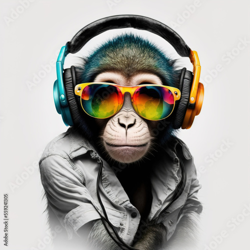 Canvas Print monkey wearing sunglasses and headphone