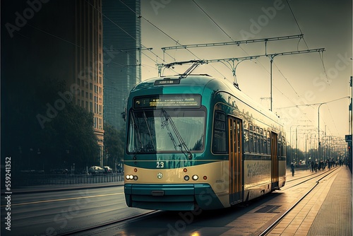 a green and gold train traveling down a street next to tall buildings and power lines on a cloudy day in the city with a few cars driving by on the tracks and a sidewalk area.