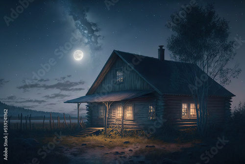 starry sky, hut, cabin, night, moon, window light, landscape, art illustration