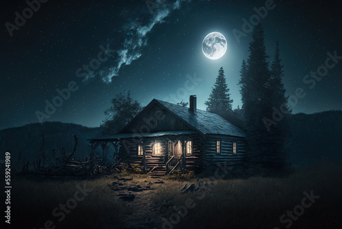 Leinwand Poster starry sky, hut, cabin, night, moon, window light, landscape, art illustration