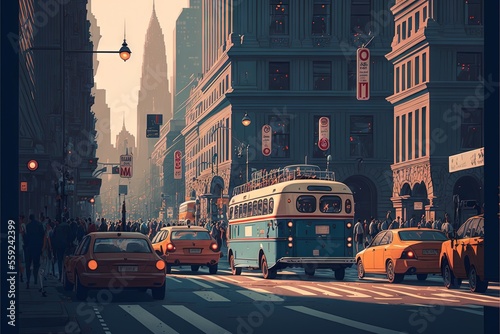 a city street filled with traffic and tall buildings with traffic lights and people walking on the sidewalk and on the sidewalk, and a bus and taxi cabs and a few cars on the street.