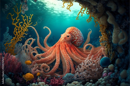 Seabed with octopus  fish and corals. Marine life. AI