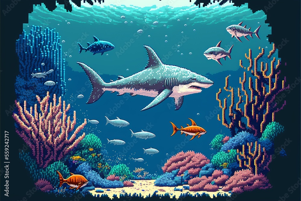 Seabed with sharks, fish and corals. Marine life. AI Seabed with sharks, fish and corals. Marine life. AI