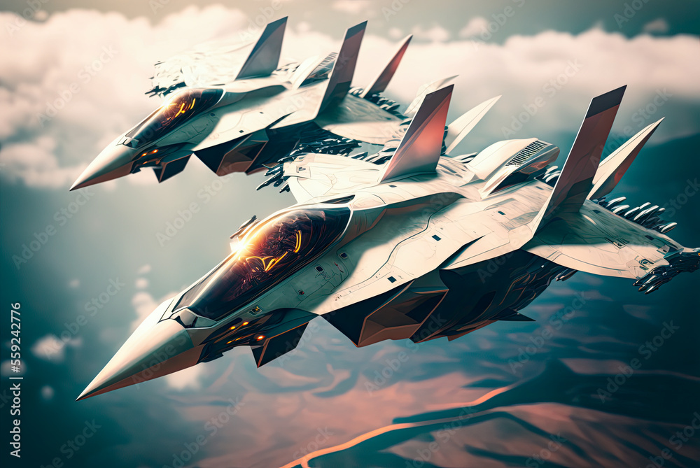 ภาพประกอบสต็อก Futuristic fighter jets. Generative AI ภาพ | Adobe Stock