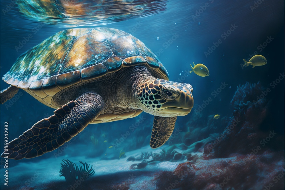 Turtle illustration on ocean background. AI