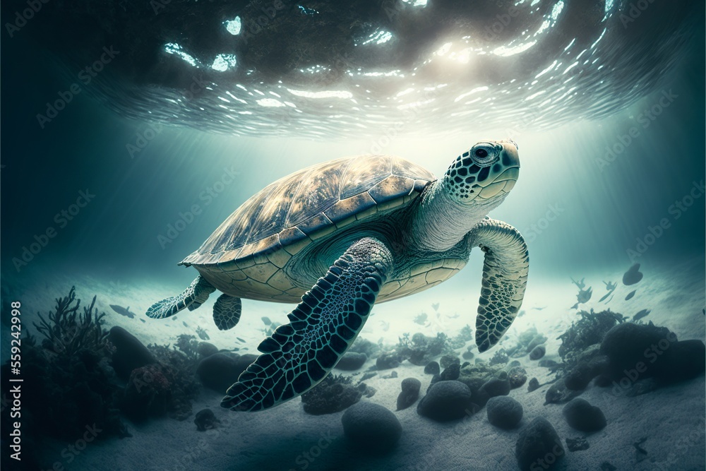 Obraz premium Turtle illustration on ocean background. AI