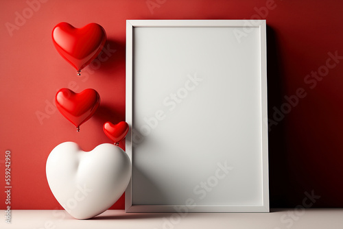 Valentine concept. Hearts and empty white frame with space for text. Beautiful, romantic background in red tones. Gen Art
