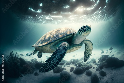 Turtle illustration on ocean background. AI