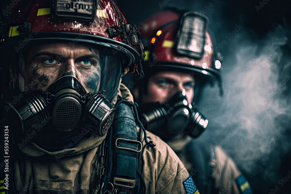 Portrait of two firefighters. Generative AI