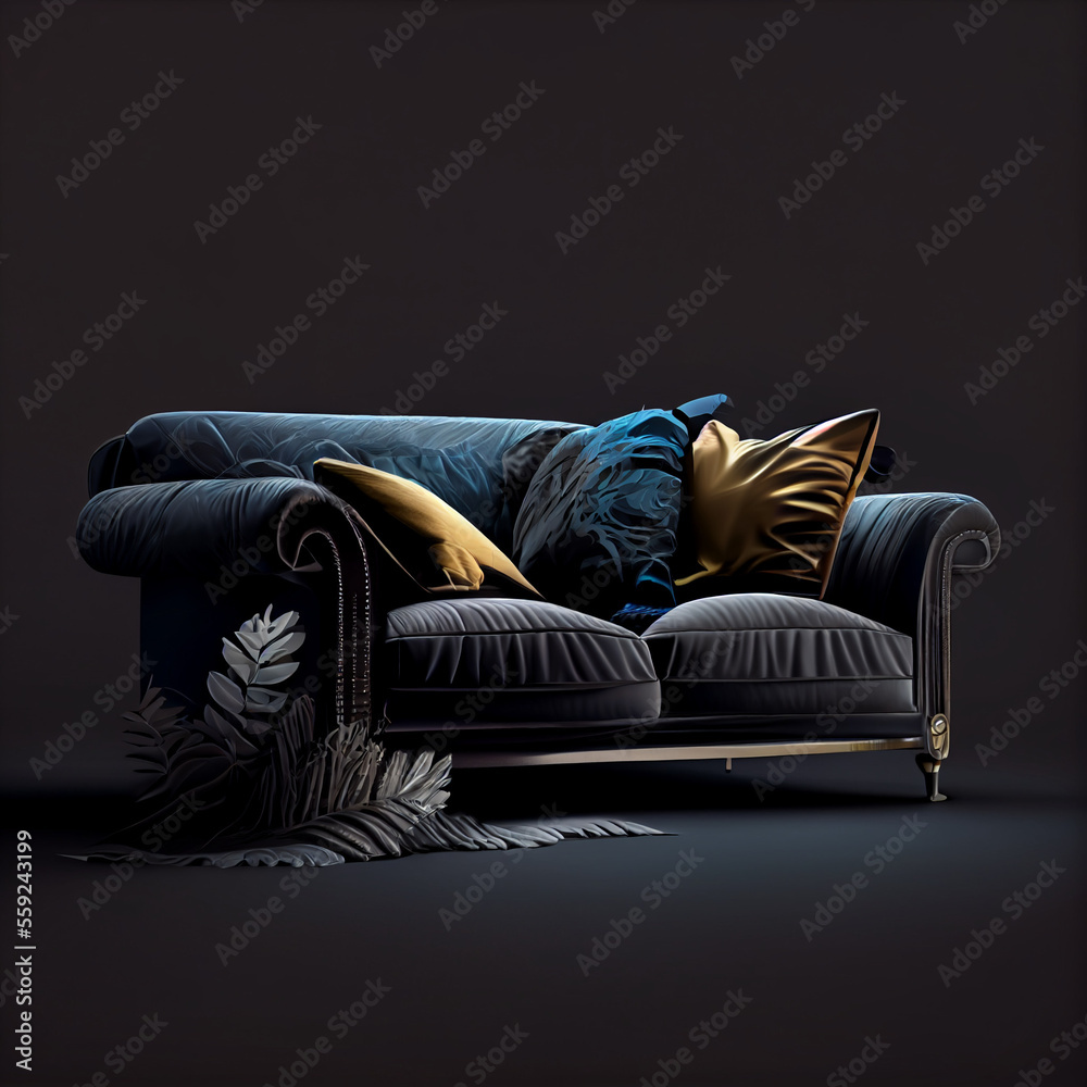 Couch with black background, generative ai Couch with black background, generative ai