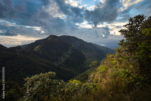 View of mountain range at World's end in Horton Plains national park in Sri Lanka.